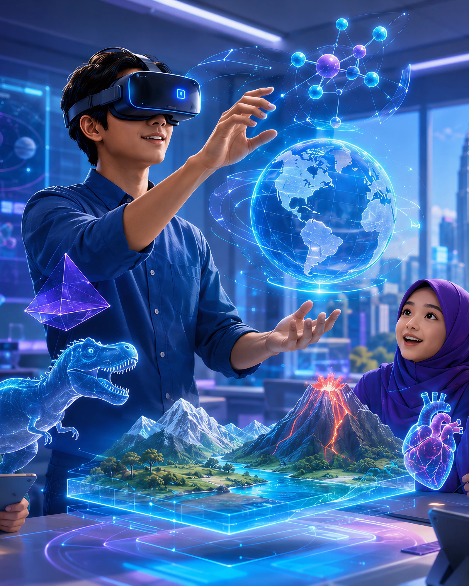 Immersive Digital Teaching Aid dengan lapisan AR, simulasi interaktif, dan aplikasi latihan