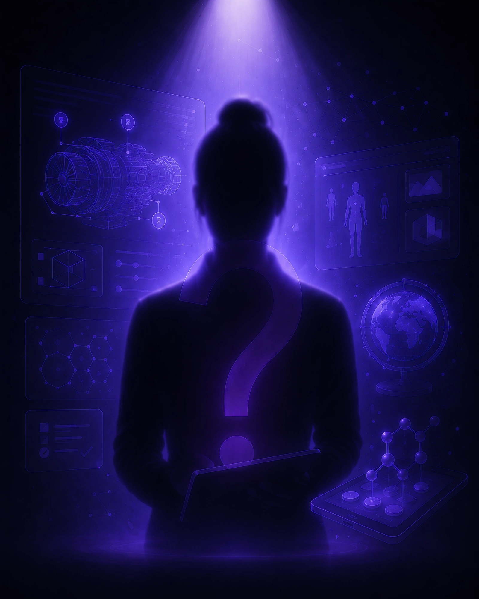 A cinematic dark Hall of Fame slot for AI DigiTeach with a silhouette under a violet spotlight surrounded by floating AI teaching panels.