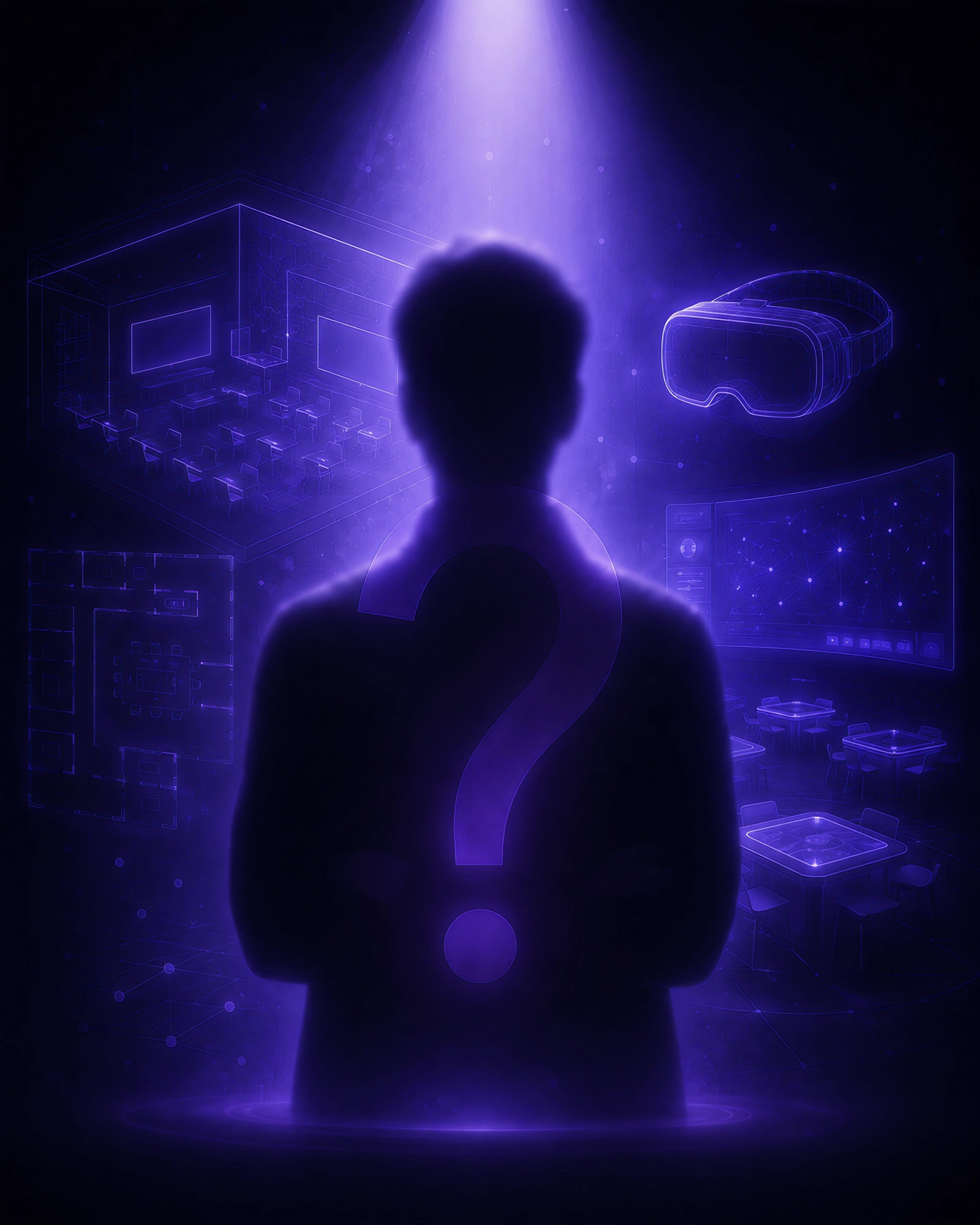 A cinematic dark Hall of Fame slot for Future Training Space Ideation with a silhouette before classroom blueprints and a VR headset.