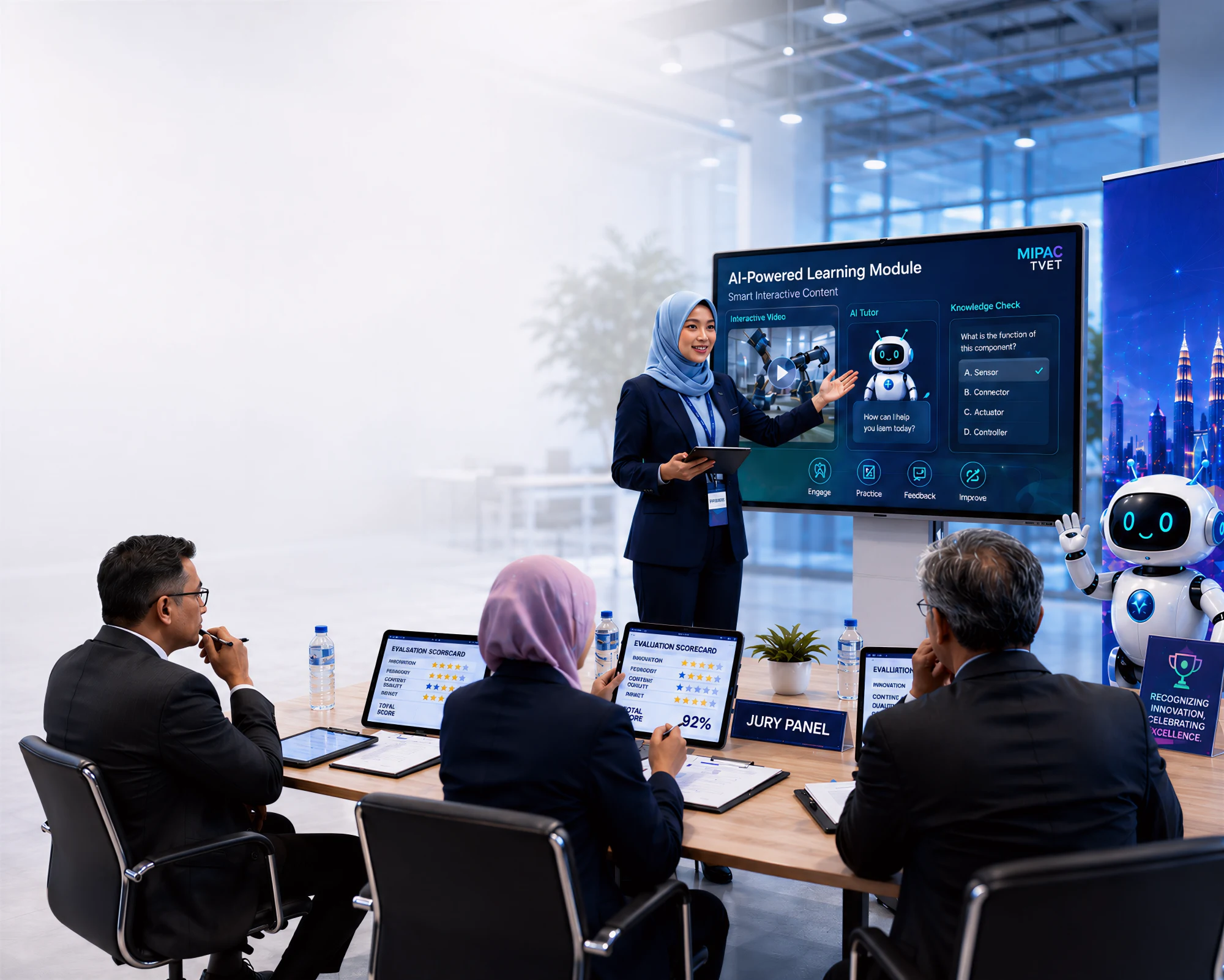 A modern TVET classroom with instructors and students engaging with AI-powered digital learning tools.